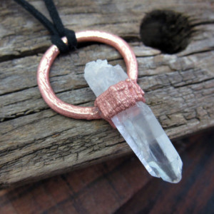 Unisex Large Raw Quartz Crystal Rock Statement Necklace - Rough Gemstone set in Recycled Copper Pendant Necklace -  One of a Kind Amulet