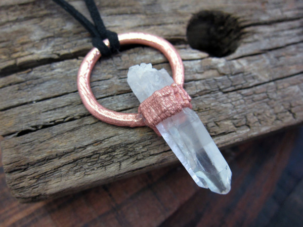 Unisex Large Raw Quartz Crystal Rock Statement Necklace - Rough Gemstone set in Recycled Copper Pendant Necklace -  One of a Kind Amulet