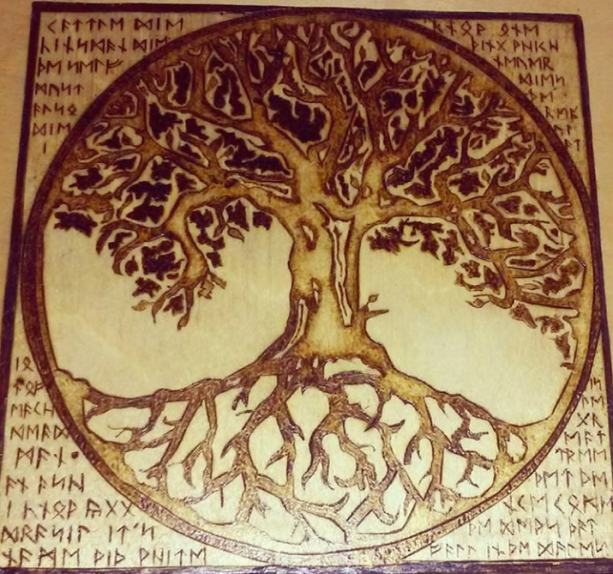 Tree of Life with Elder Futhark Runes Pyrography Woodburning 6"x6" 