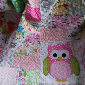 Modern baby girl owl quilt, handmade pastel pink crib quilt, Ready to ship owl nursery blanket