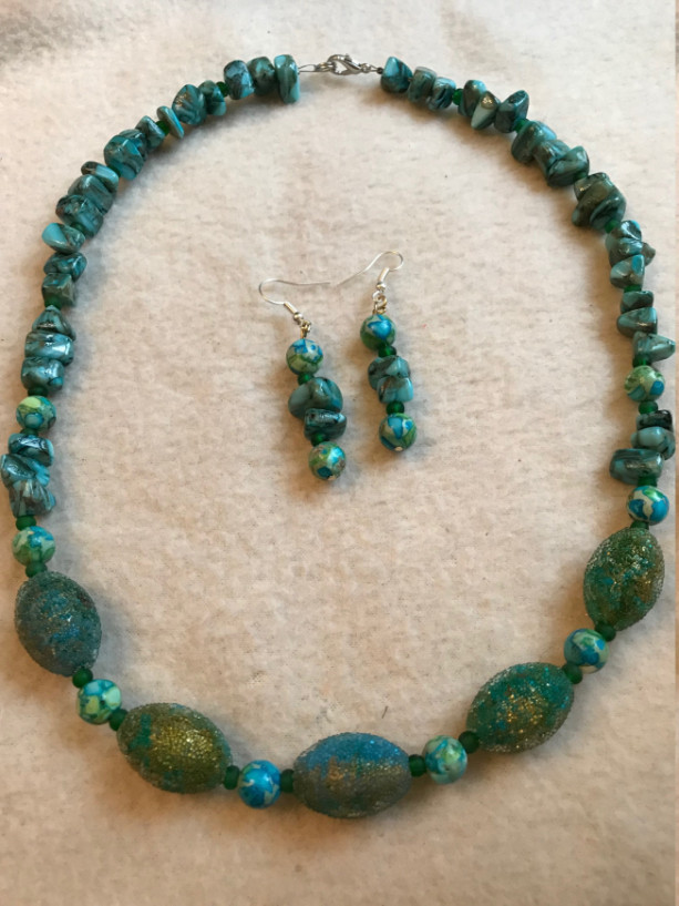 Queen of the Deep handmade beaded necklace matching earrings turquoise color teal gold tiger tail 20" long nautical fantastical mermaid life