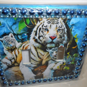Handcrafted White Tiger Design Decorative Double Light Switchplate Cover with Raised Accent Trimming