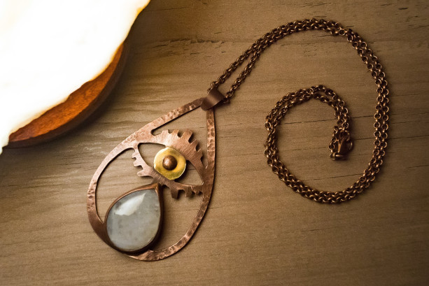 Moonstone Tear Drop Copper Brass Eye Pendant Amulet Necklace Handmade