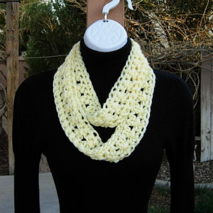 Light Yellow SUMMER SCARF, Small Skinny Infinity Loop, Extra Soft Crochet Knit Circle Narrow Lightweight Pale Cowl, Ready to Ship in 2 Days