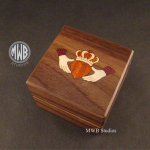 Inlaid Claddagh ring box.  Free shipping and engraving.  RB62