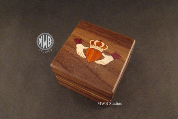 Inlaid Claddagh ring box.  Free shipping and engraving.  RB62