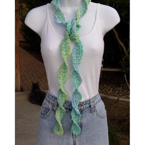 Blue and Green Skinny SUMMER SCARF Small 100% Cotton Spiral Crochet Knit Narrow Lightweight Twisted Scarf, Ready to Ship in 3 Days