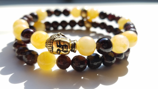 Golden Buddha Stacked Bracelet Set - Garnet & Yellow Jade - M or W