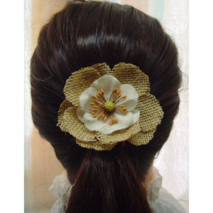 Natural Burlap Flower Hair Barrette w/accents - Rustic Country Shabby chick for Women