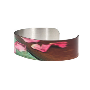 Photo cuff bracelet, aluminum, Pretty Patio Petals, fine art for wrist, HueDew