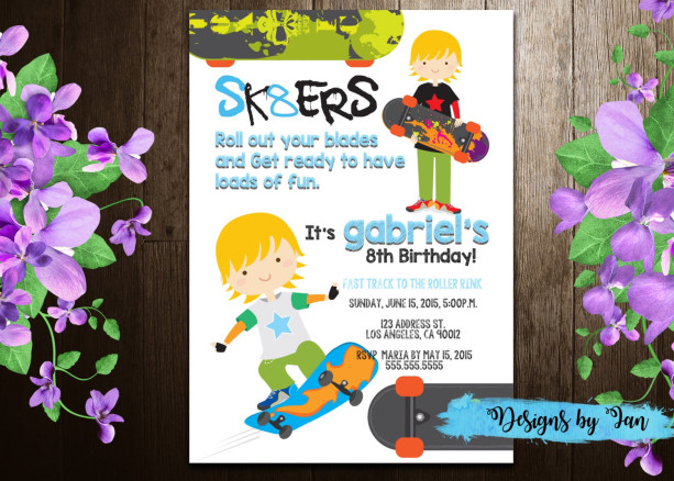 Boy/Girl Skate Boarding Birthday Invitation Printable