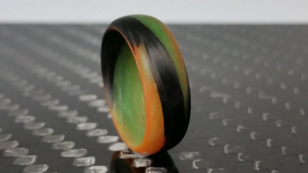 Green and Black Marbled Glow Ring Mens or Womens Carbon Fiber Green and Orange Glowing Band Orange Handcrafted Black Custom Band widths