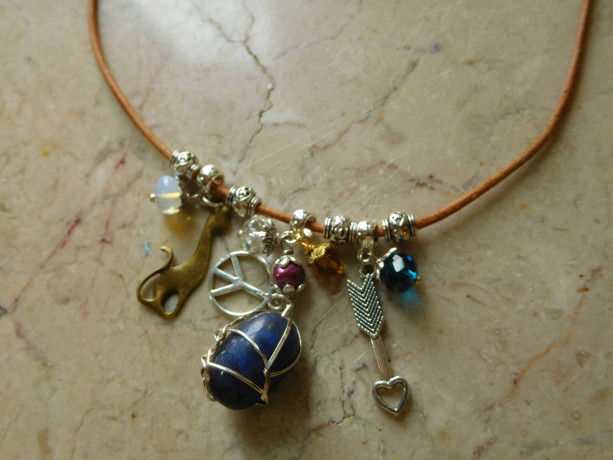Natural leather Necklace with Lapis Lazuli pendant and charms beads,  #N00139
