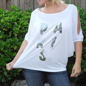 Handmade printed tee, t-shirt, top, Paris photo word with cold shoulder cutouts and boat neck