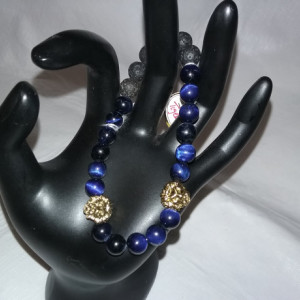 Blue Tiger Eye Gemstones w/Lava Stone Diffuser Mens Bracelet