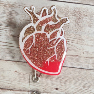 Gold Glitter & Pink Anatomical Heart Cardiac Nurse Resin Badge Holder. Resin Retratable Badge Reel. Cardiac Nurse.