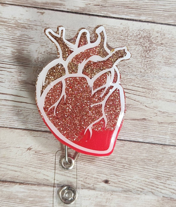Gold Glitter & Pink Anatomical Heart Cardiac Nurse Resin Badge Ho