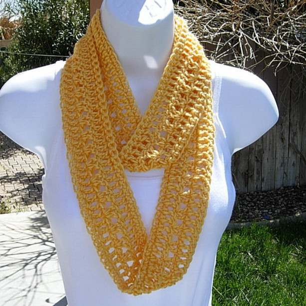 Women's Skinny Solid Yellow Soft SUMMER INFINITY SCARF Handmade Crochet Knit Cowl Lacy Lightweight Small Loop Scarf, Ready to Ship in 3 Days