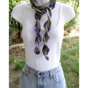 Lilac, Purple and Green Skinny SUMMER SCARF Women's Small Soft Spiral Knit Narrow Lightweight Twisted Long Neck Tie, Ready to Ship in 2 Days