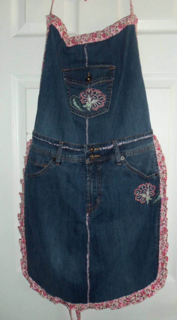 Blue Jean apron - Pink flowers