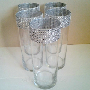 Glass Cylinder Vases, Bling Wedding Centerpieces, Silver Rhinestone Tall Vases, Bling Bouquet Candle Holders, Shower Party Bling Decor, 5 PC