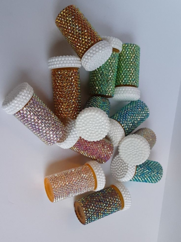 Crystallized Pill Bottles - Medicine Container with hand-placed  Rhinestones & Bedazzled Child-proof Cap 