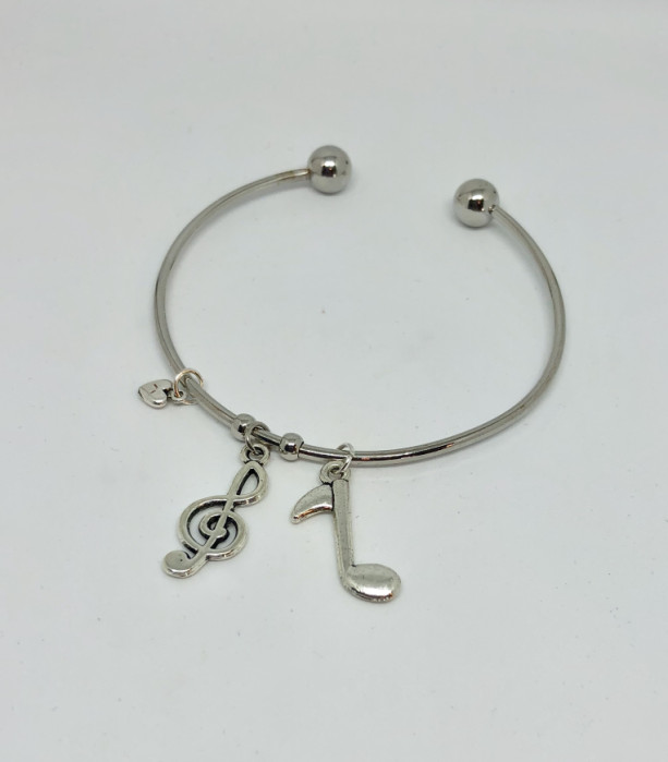 Music Notes and Heart Bangle Charm Bracelet - Musician Charms Jewelry