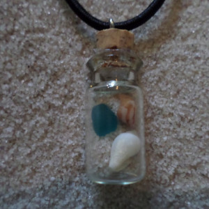 glass bottle necklace w. sea glass, shells & sand