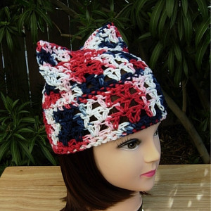 Red White and Blue Pussy Cat Hat, Women's PussyHat, Summer 100% Cotton Lightweight Crochet Knit Beanie, 4th of July Hat, Patriotic, Fourth of July Hat, Ready to Ship in 3 Days