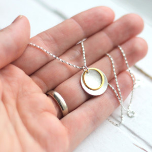 Sterling Silver Hammered Disc Necklace with Gold Ring