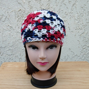 Red, White, and Blue Summer Beanie, 100% Cotton Lacy Skull Cap Women's Crochet Knit Lightweight Thin Hat, Patriotic, 4th of July, Ready to Ship in 3 Days