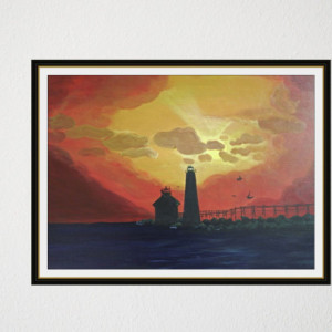 Power of Light-acrylic painting of silhouette lighthouse and on ocean at end of rope bridge under an orange,red,and yellow sunset
