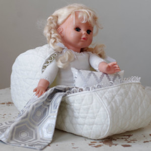 Pattern #3 Doll bassinet carrier of quilted cotton with a pillow and a blanket