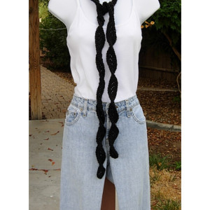 Women's Black Skinny Spiral SUMMER SCARF Small Extra Soft 100% Acrylic Twisted Crochet Knit Narrow Thin Lightweight Solid Black Neck Tie, Ready to Ship in 3 Days
