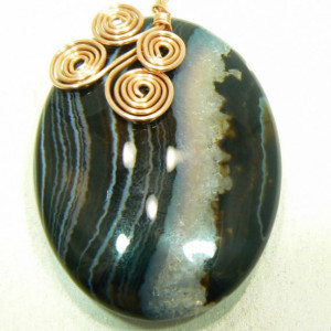 Black Banded Agate Pendant with Hand Made Copper Bail