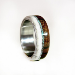 Mens Wedding Band Wood and Antler ring with Turquoise and Titanium