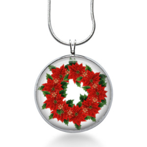 Poinsettia Wreath Necklace - Christmas Jewelry - Holiday Pendant - Flowers