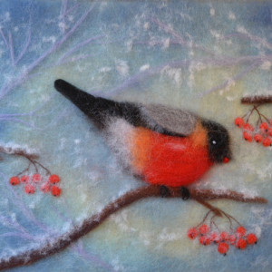 Wool Painting "Bullfinch eating winter berries"