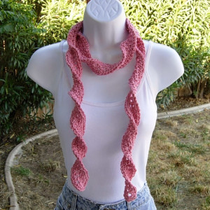 Women's Rose Pink Skinny SUMMER SCARF Small 100% Cotton Spiral Crochet Knit Narrow Lightweight, Twisted, Solid Light Pink Beach Scarf, Crochet Necklace, Ready to Ship in 3 Days