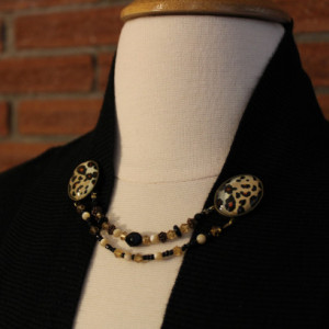 Leopard print cameo and strung beads sweater keeper