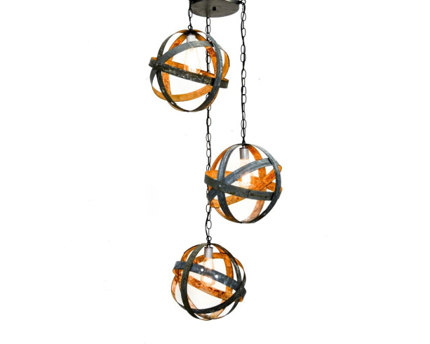 ATOM Collection - Apex -  Triple Globe Barrel Ring Chandelier / made from salvaged Napa wine barrel rings - 100% Recycled!