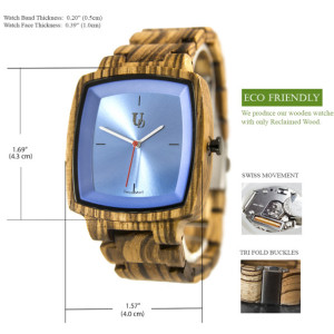 UD Classic Engraved Mens Zebra Square Wood Watch With Sapphire Face/Swiss Movt