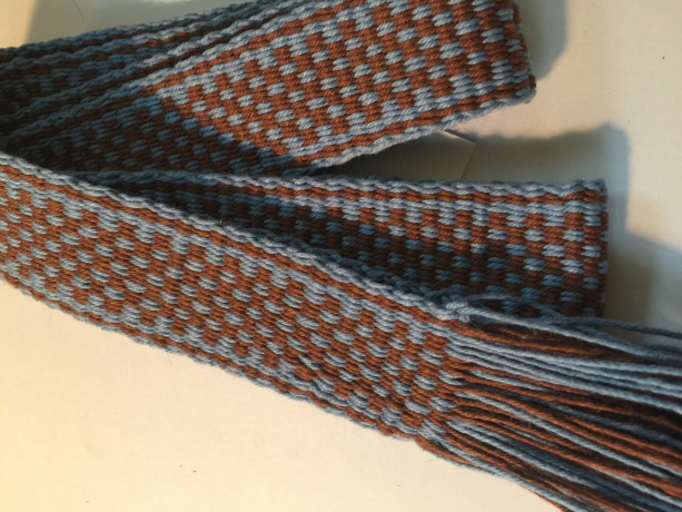 Inkle Loom woven band Light Blue and Brown 1"x60". 100% cotton. #60-7101