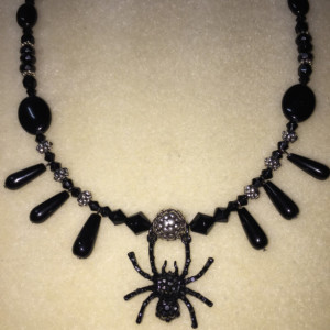 Real Black Onyx and Sterling Silver Spider Necklace