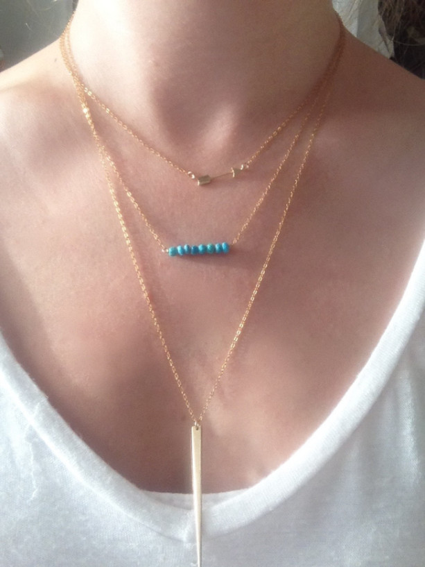 turquoise beaded necklace, gem bar necklace, december birthstone, 14k gold filled, turquoise bar necklace, gem bar