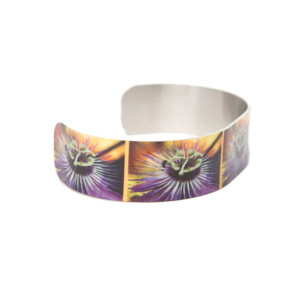 Photo cuff bracelet, aluminum, Purple Passion Flower, fine art for wrist, HueDew