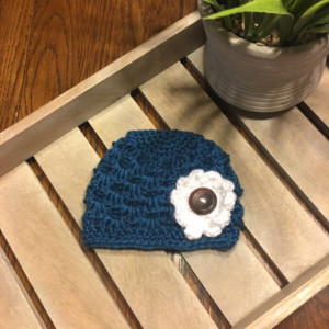 preemie sea blue beanie hat with white flower