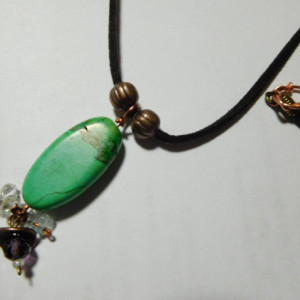Suede Black Leather necklace with Green turquoise stone pendant and crystals beads. #N00122