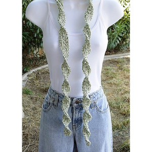 Green and Off White Skinny SUMMER SCARF Small 100% Cotton Spiral Crochet Knit Narrow Lightweight Twists, Women's , Ready to Ship in 3 Days