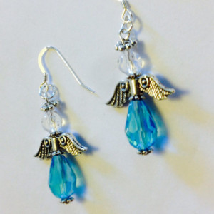 Blue Angel Earrings Handmade Beaded Earrings And Silver Angel Earrings Angel Charm Christmas Jewelry Holiday Jewelry Blue Earrings Bijoux